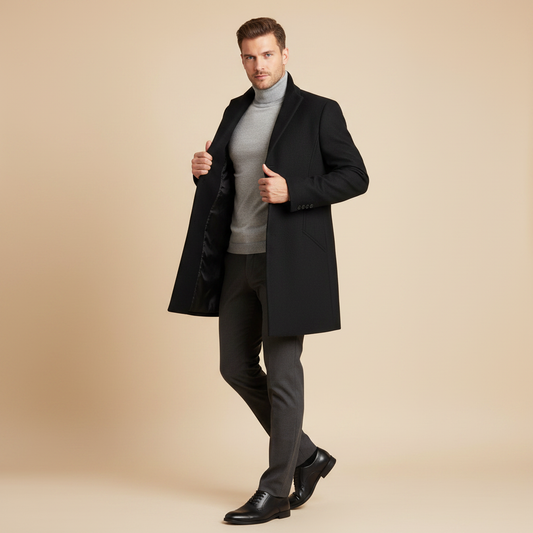 Men's Long Coat | Notched Lapel Mens Overcoat for Winter